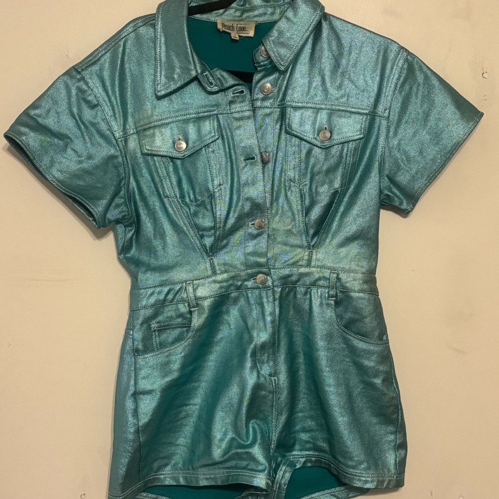 Girls' Metallic Teal Short Sleeve Romper
